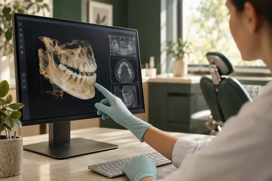 A dentist reviewing a 3D dental scan on a monitor