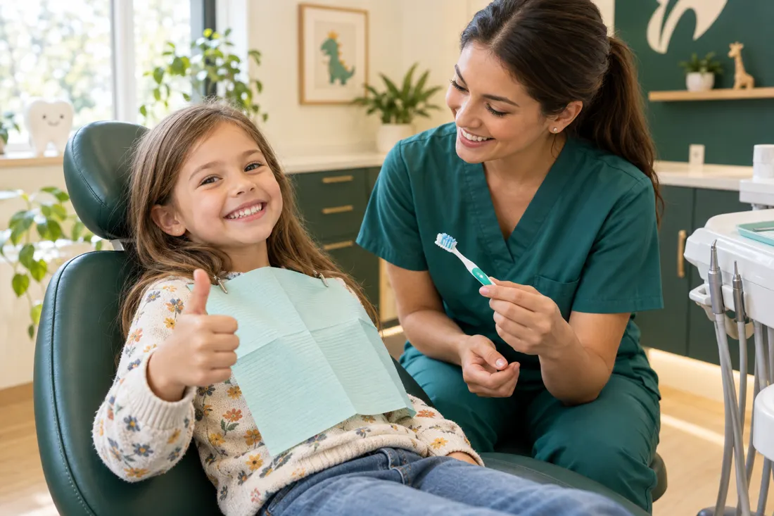 A smiling young girl in a dental chair giving a thumbs up