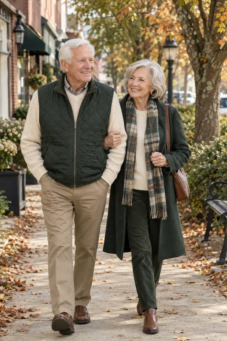 A smiling senior couple walking on a tree-lined small-town sidewalk