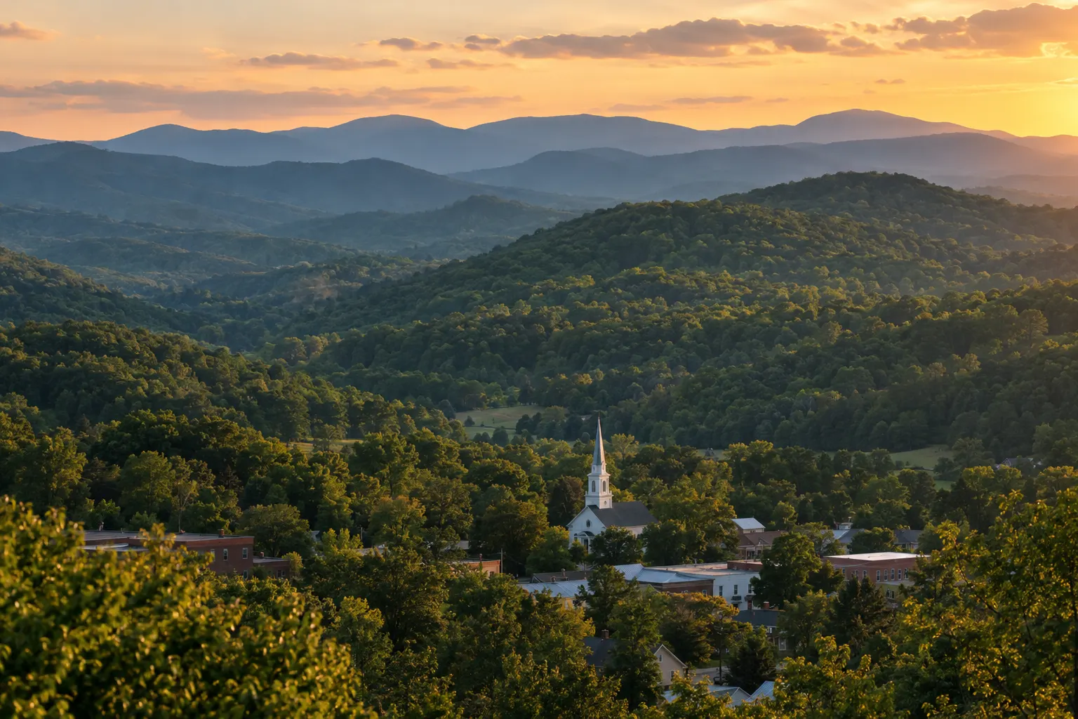 Rolling Blue Ridge foothills of Habersham County at golden hour